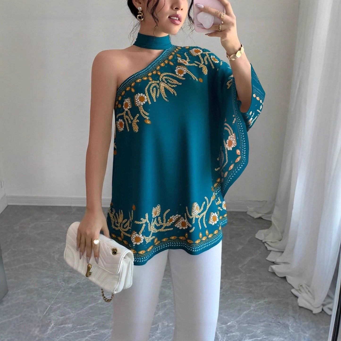 Women's Retro Style Shoulder Halter Tie Bow Fashion Loose Women's T-shirt