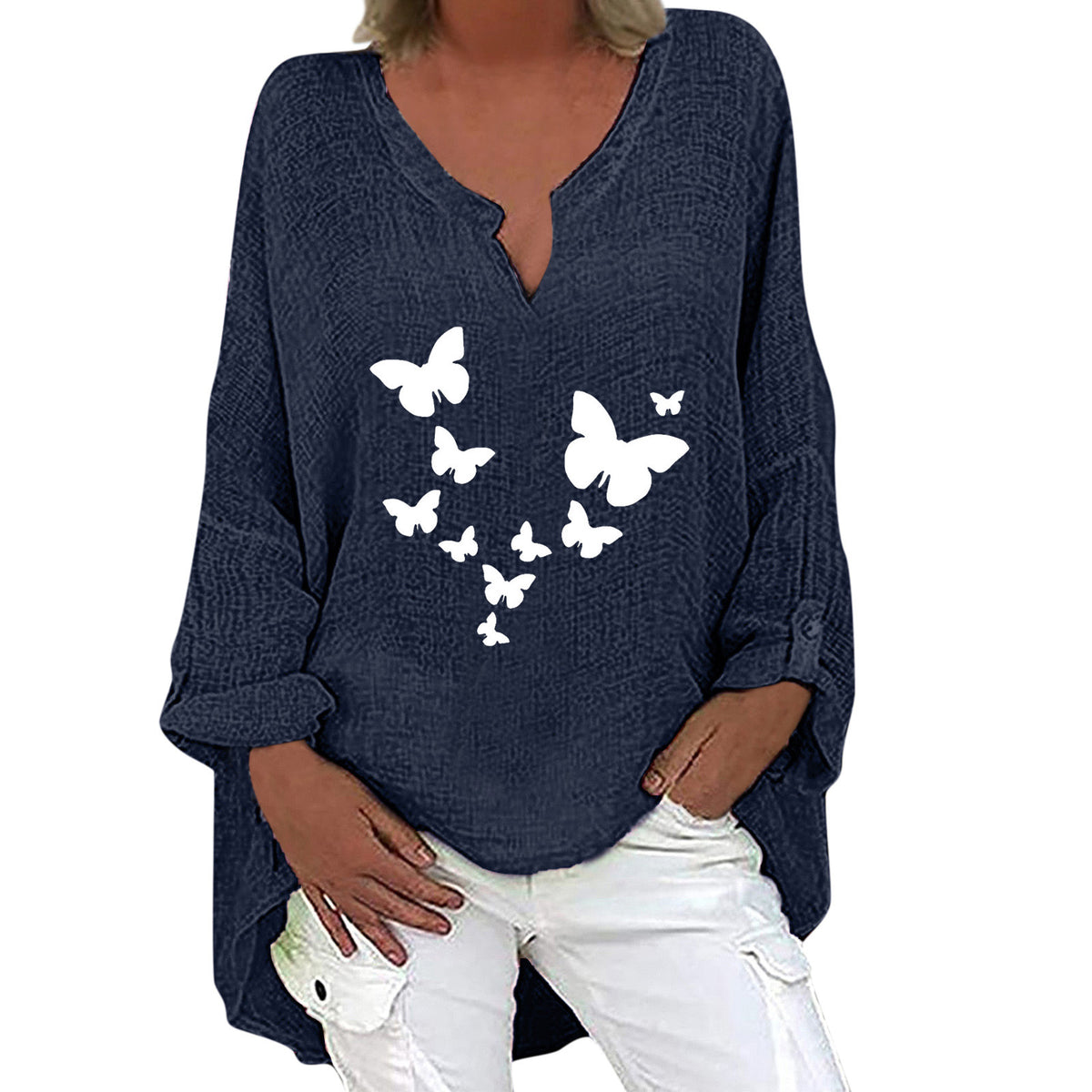 Women's Group Printed Collar Cotton Linen Long-sleeved Shirt Tops