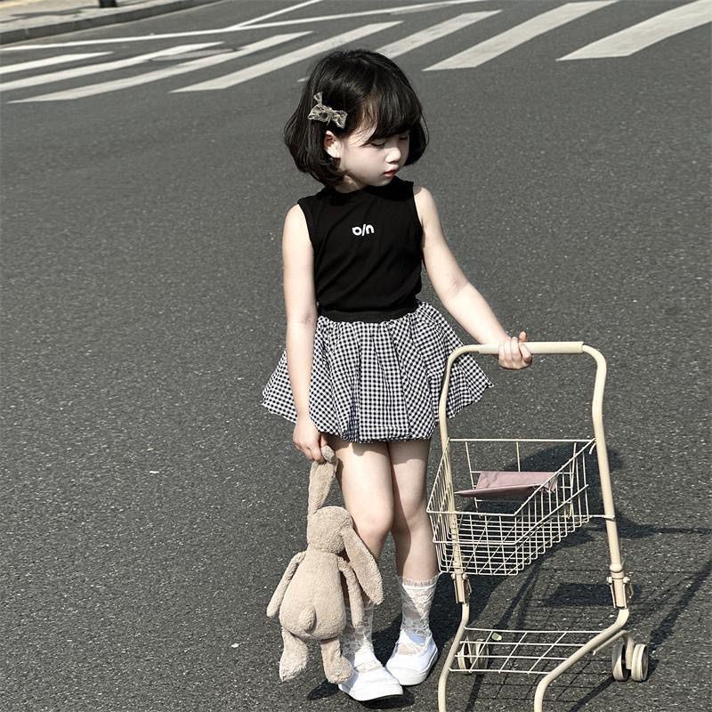 Children's Summer Letters Vest Plaid Cloud Bud Skirt Pants Two-piece Children's Suit