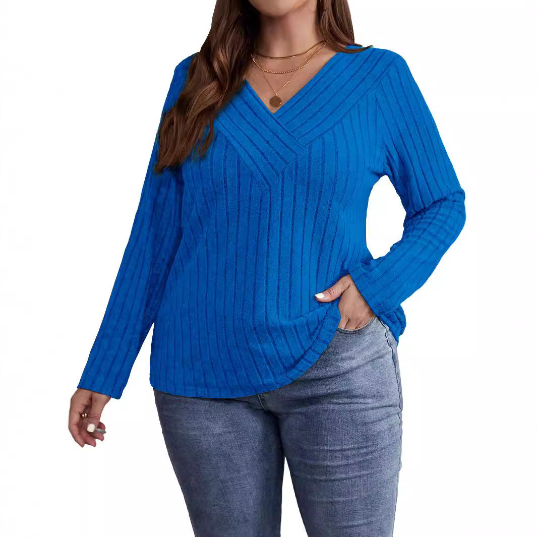 Solid Color Cross Long Sleeve Sunken Stripe Brushed Tops