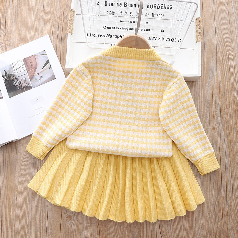 Korean Style Sweater Cardigan Skirt Knitted Crew Children's Suit