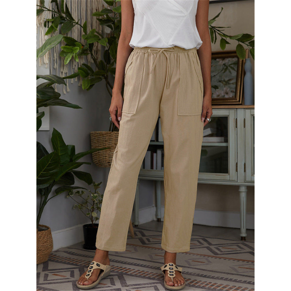 Women's Solid Color Large Pocket Elastic Waist Cotton Linen Casual Pants