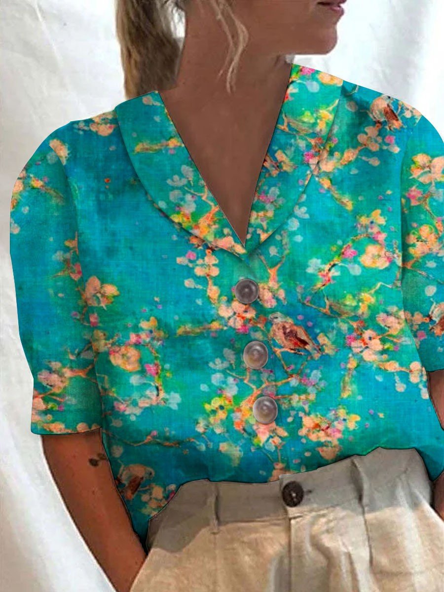 Women's Collar Button Casual Long Half Sleeve Cotton Blouse