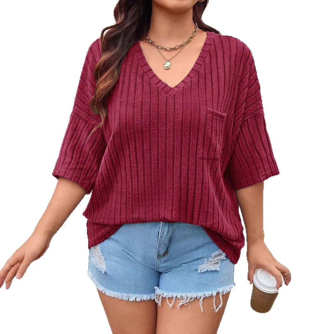 Women's Fashion Casual Solid Color Pocket Large Size T-shirt