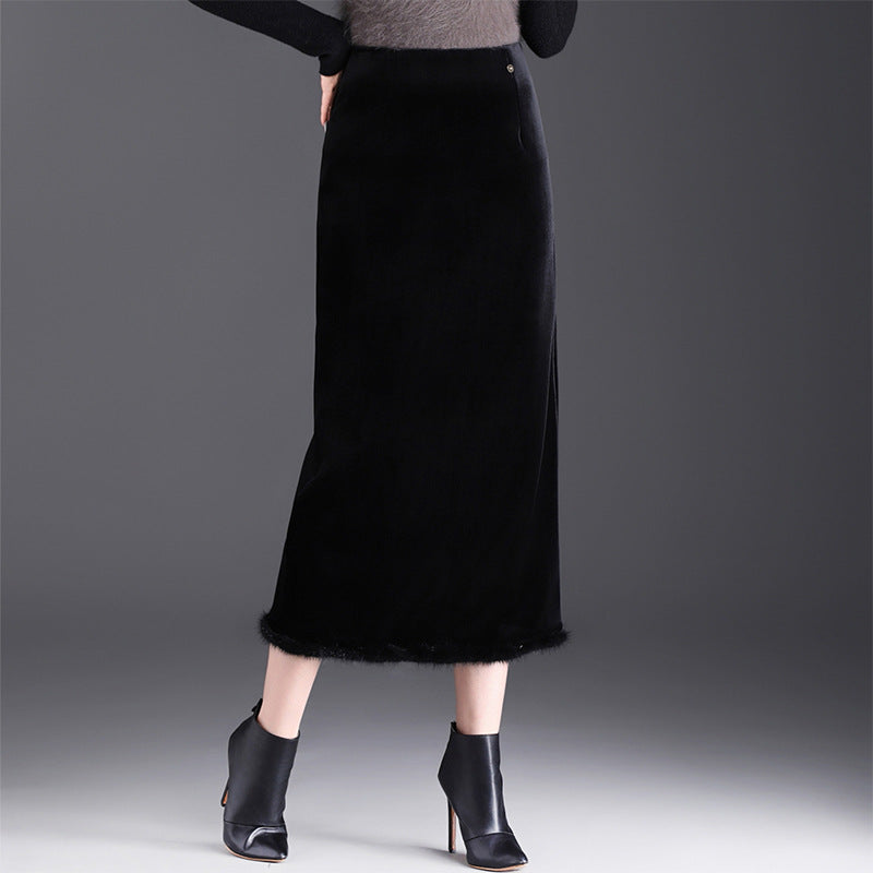 Women's Veet Fur Stitching Winter High Waist Skirts