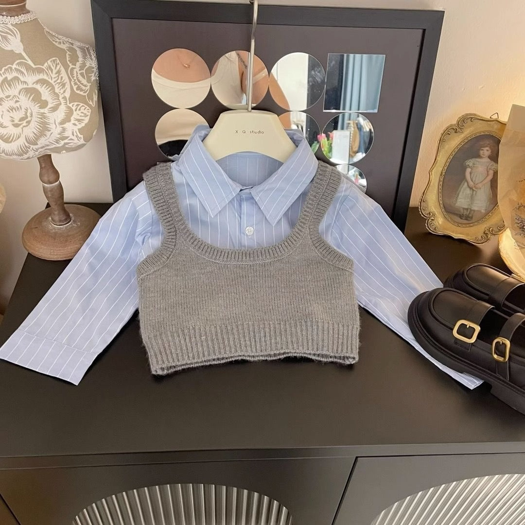 Preppy Style Three-piece Autumn Vest Blue Striped Shirt Pleated Children's Suit