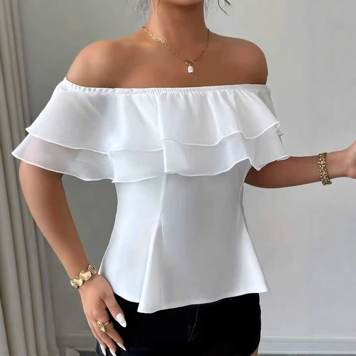 Summer Fashion Elegant Ruffled Sexy Strapless Lace Shirt, Chiffon Shirt
