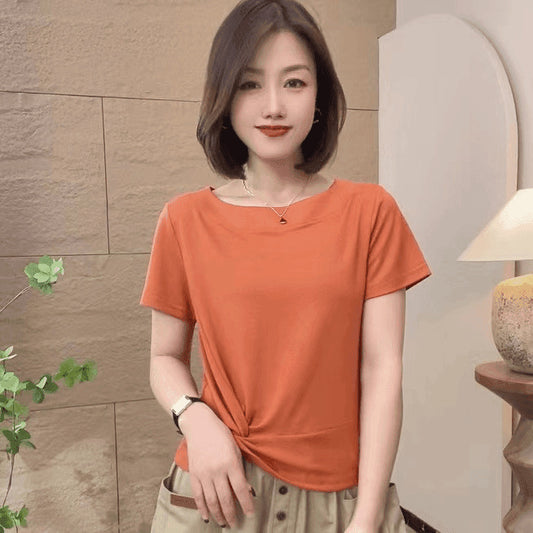 Women's Shirt Sleeve Pleated Solid Color Round Neck Fashion Wear Women's T-shirt