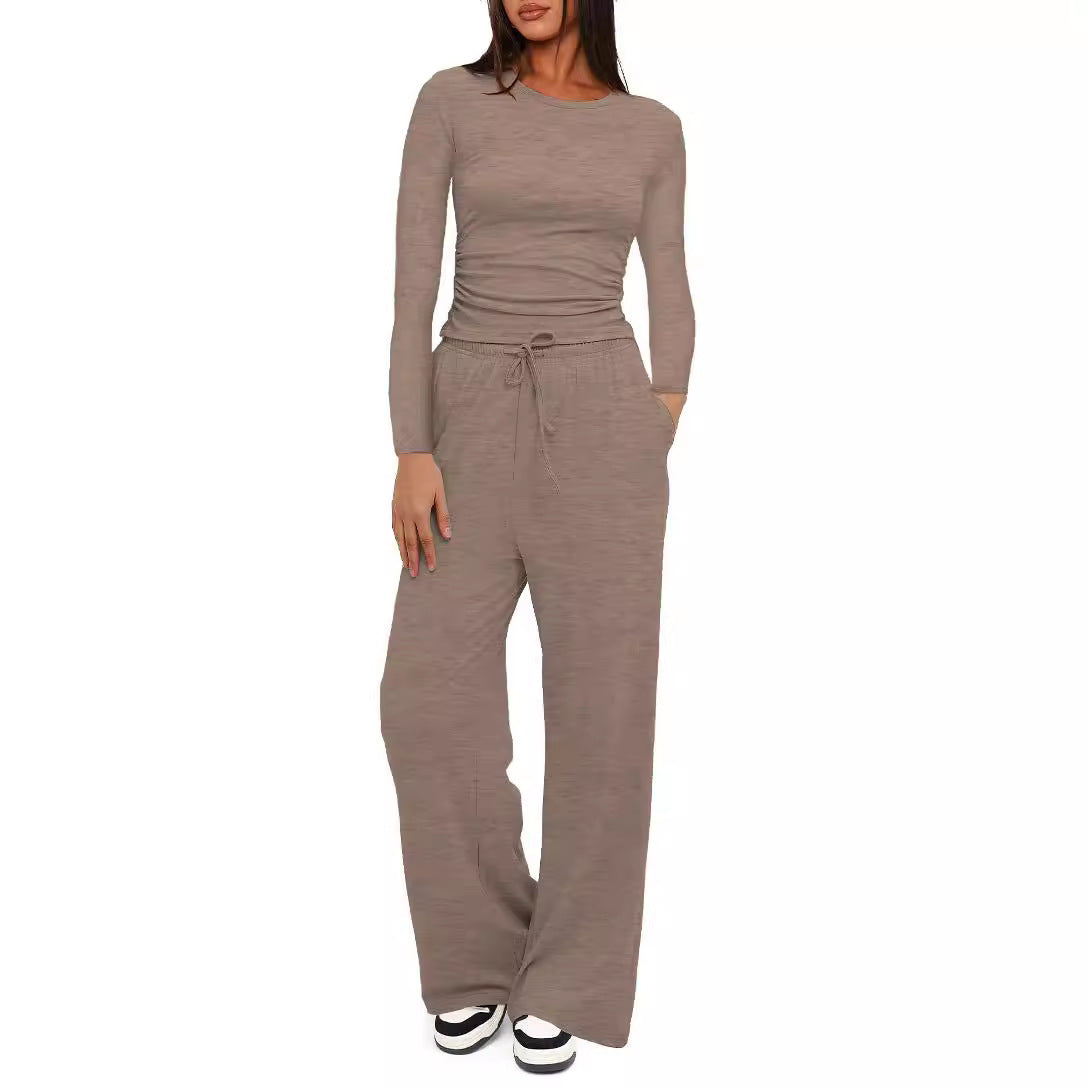 Solid Color Long Sleeves Outfit High Waist Wide Leg Fashion Casual Suit
