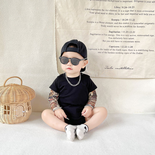 Fake Two-piece Tattoo Sleeve Romper Cotton Boy Triangle Jumpsuit, Climbing Suit