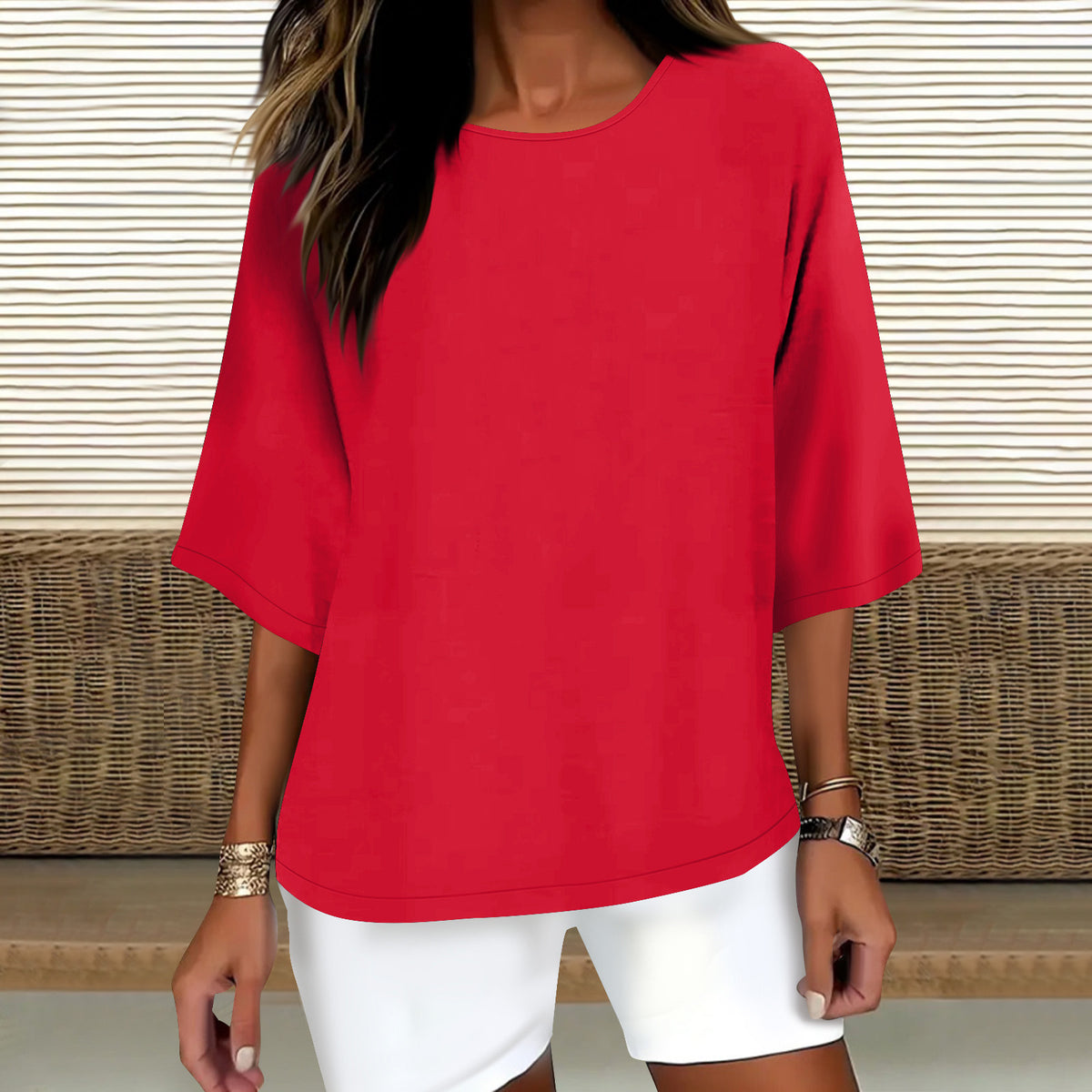 Women's Three-quarter Sleeve Round Neck Cotton Linen Blouse
