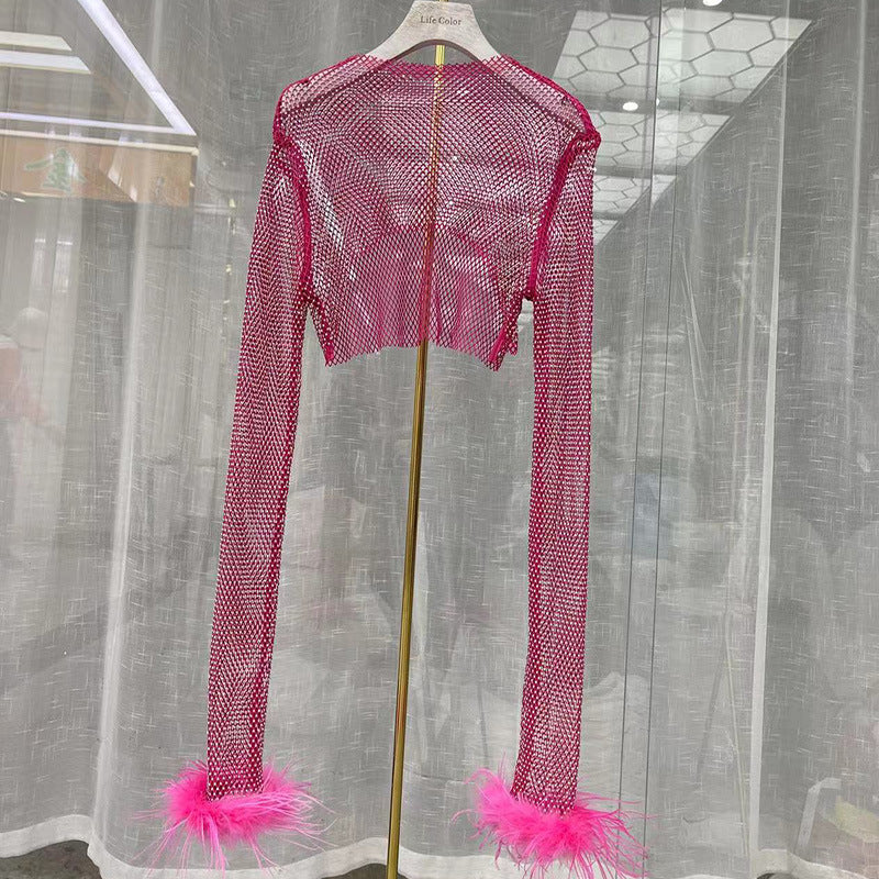 Fashion Rhinestone Long Sleeve Shiny Cuff Ostrich Tops