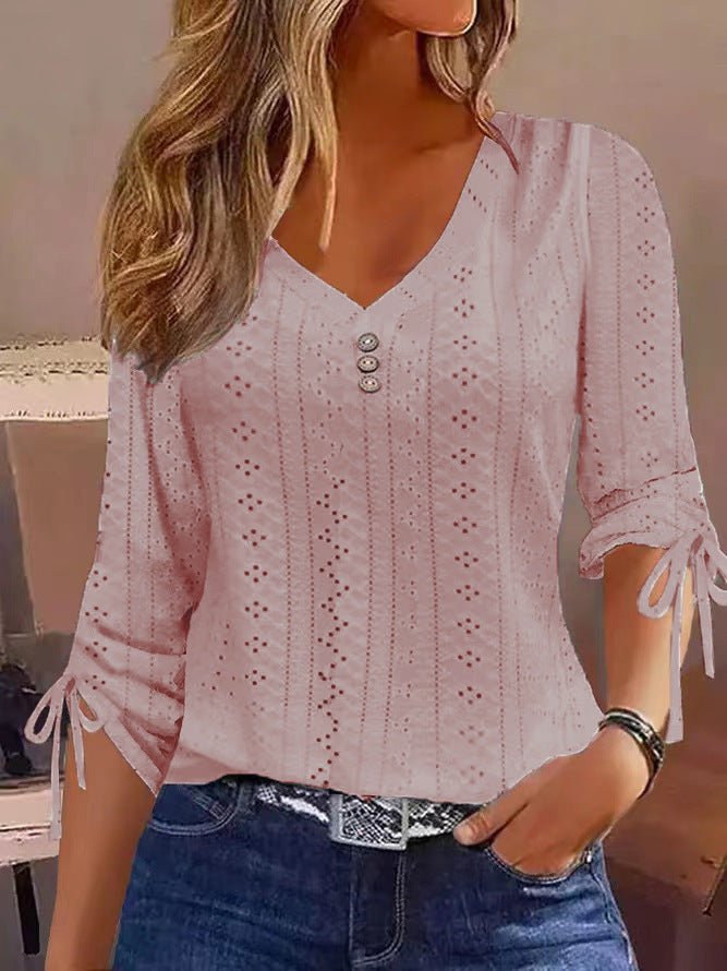 Innovative Solid Color Jacquard Button Long-sleeved Women's T-shirt