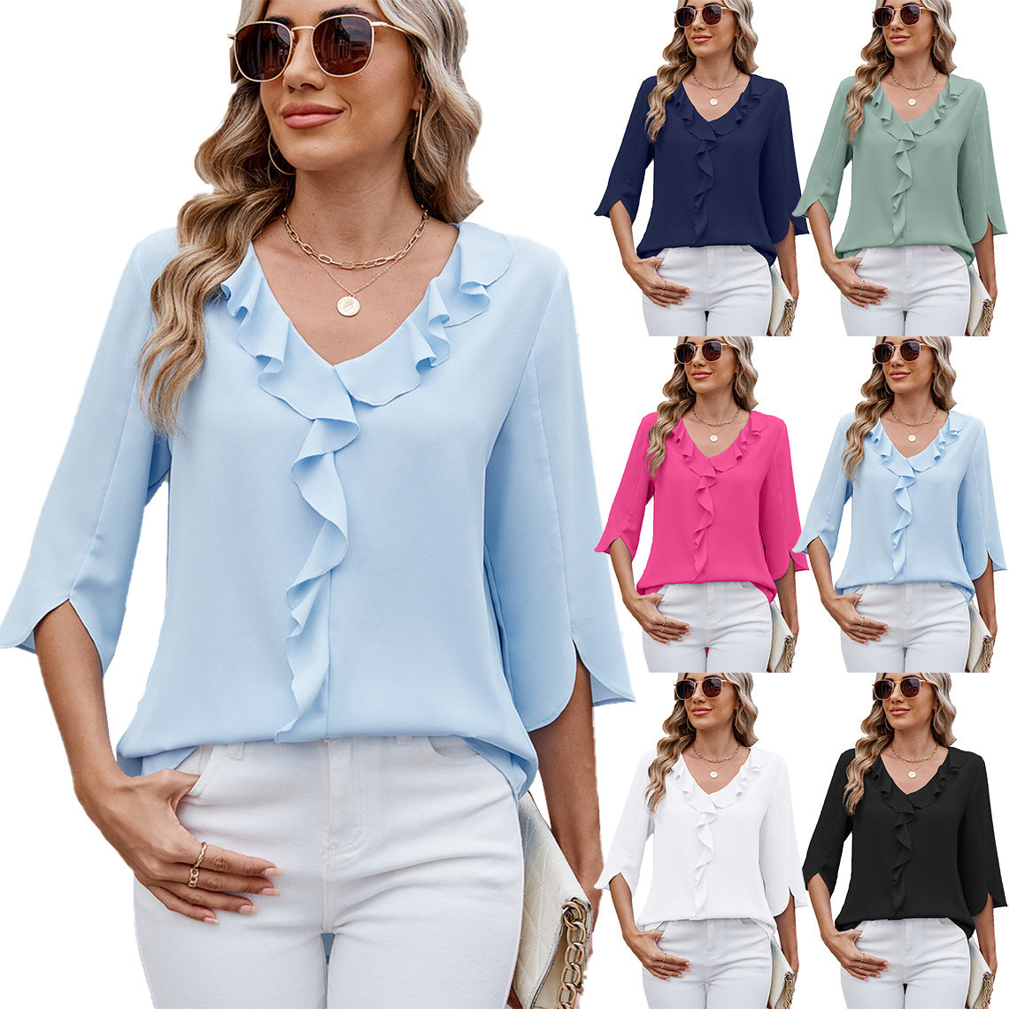 Women's Half Sleeve Pleated Ruffled Loose-fitting Tops