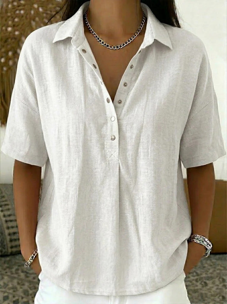 Women's Summer Loose Snap Fastener Lapel Sleeve Solid Color Women's T-shirt