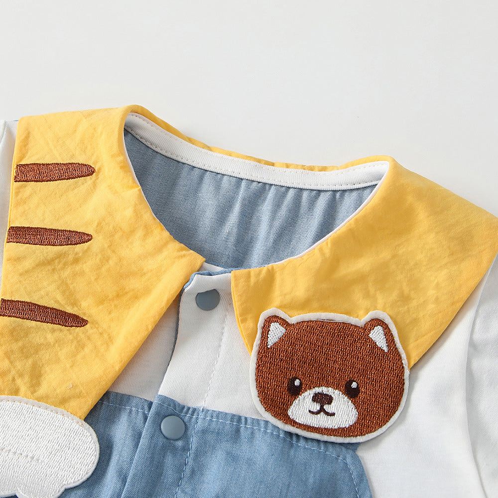 White Color Matching Jumpsuit Large Pocket Single-breasted Super Cute Romper Jumpsuit, Climbing Suit