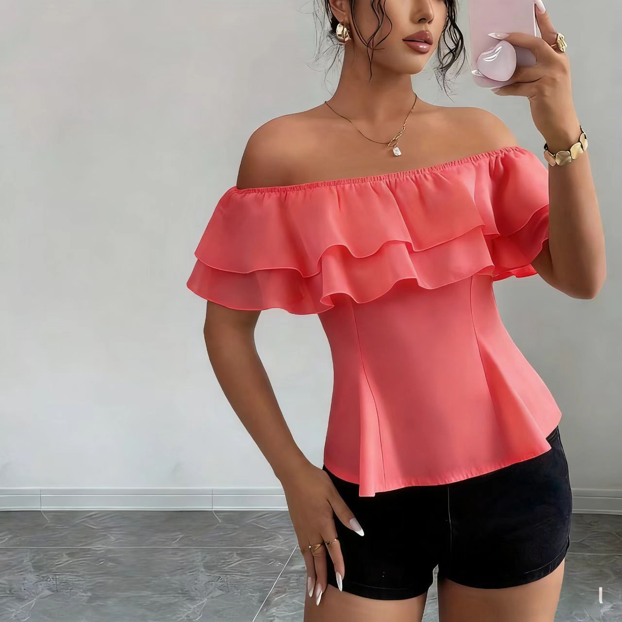 Summer Fashion Elegant Ruffled Sexy Strapless Lace Shirt, Chiffon Shirt