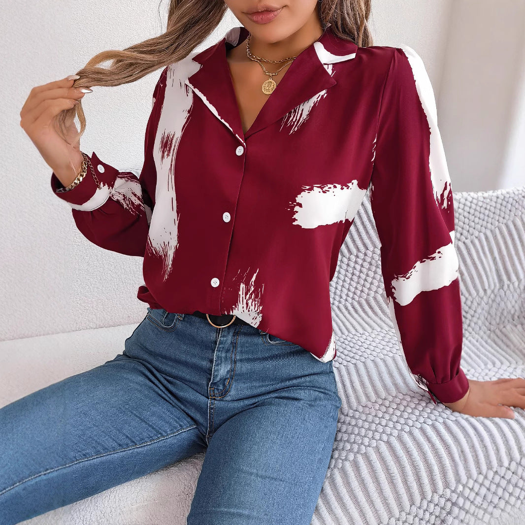 Women's Elegant Contrast Color Striped Collar Long Lace Shirt, Chiffon Shirt