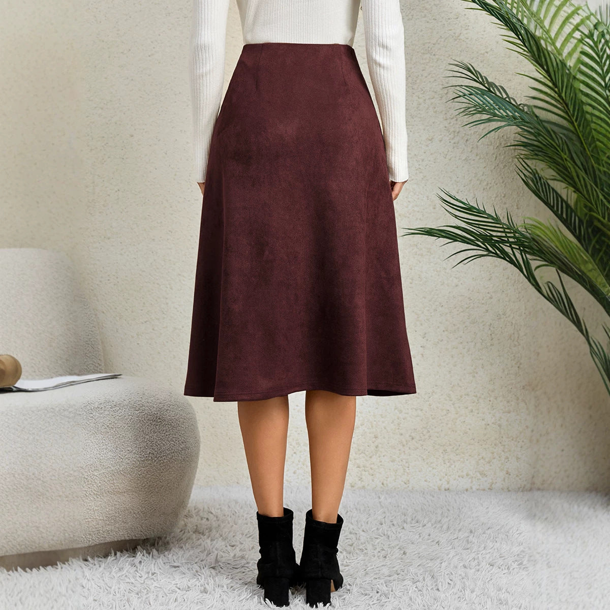 Women's Stitching High Waist Elastic Zipper A- Line Midi Skirt