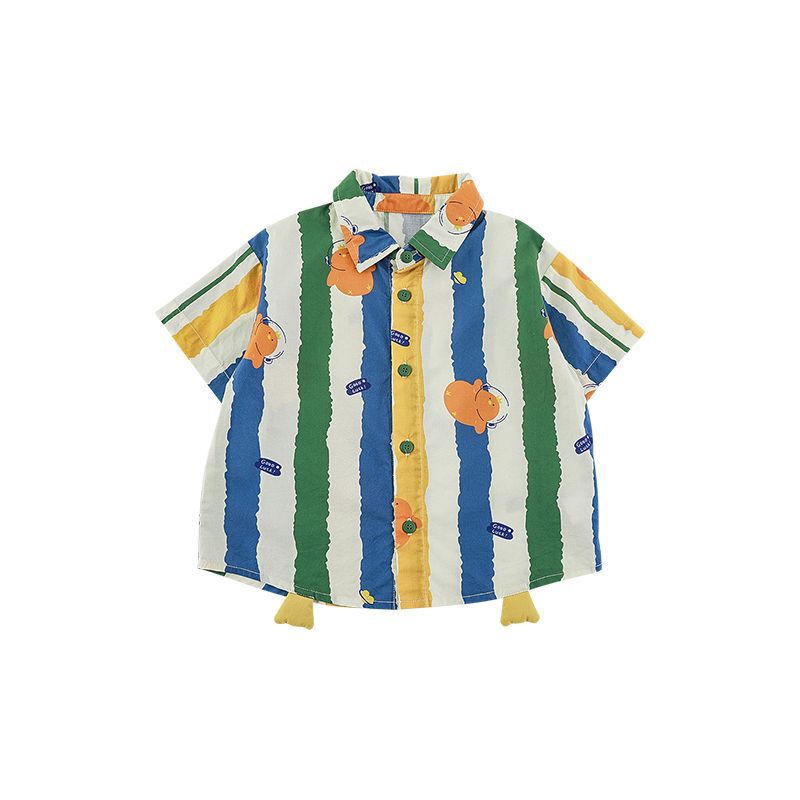 Summer Striped Lapel Shirt Lightweight Shorts Hooded Jacket Children's Suit
