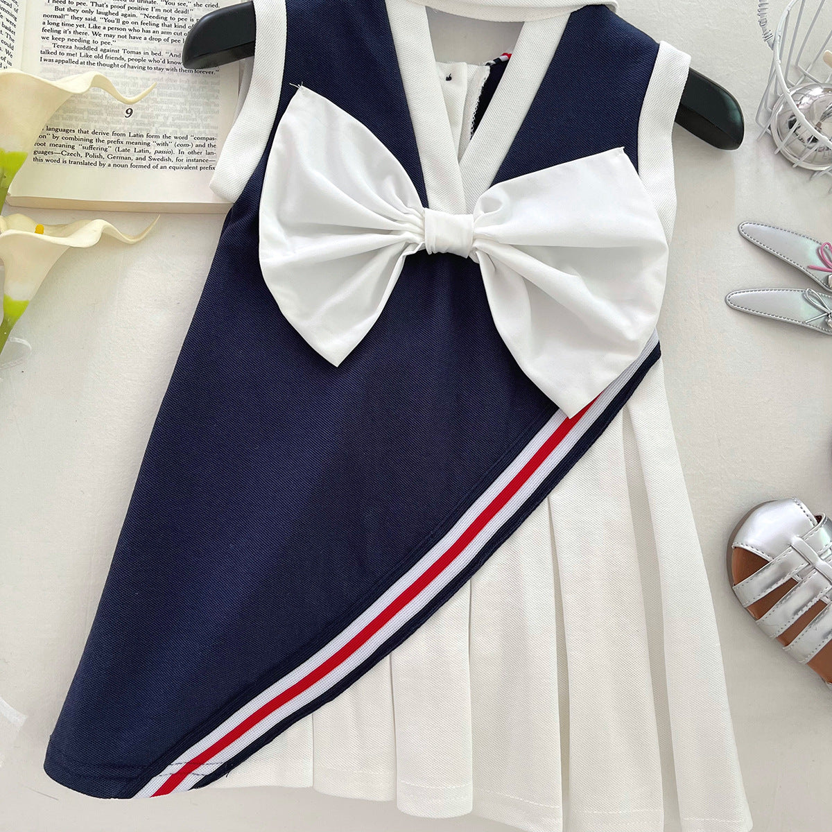 Preppy Style Little Vest Color Matching Collar Sleeveless Children's Dress