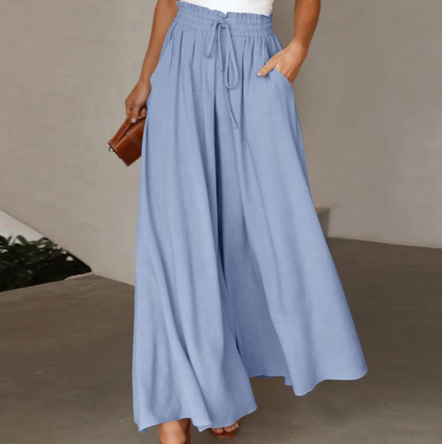 Women's Summer Elastic Waistband Wide Leg High Waist Long Culottes Casual Pants