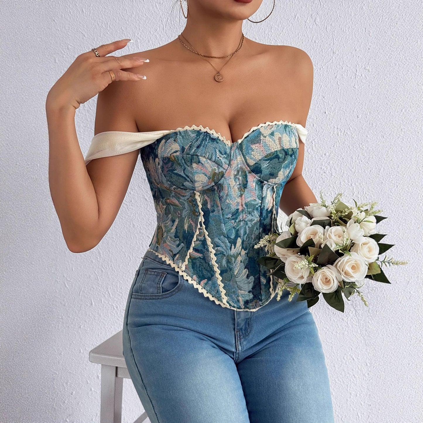 Retro French Jacquard Oil Painting Sense Small Vest/suspenders/tube Top