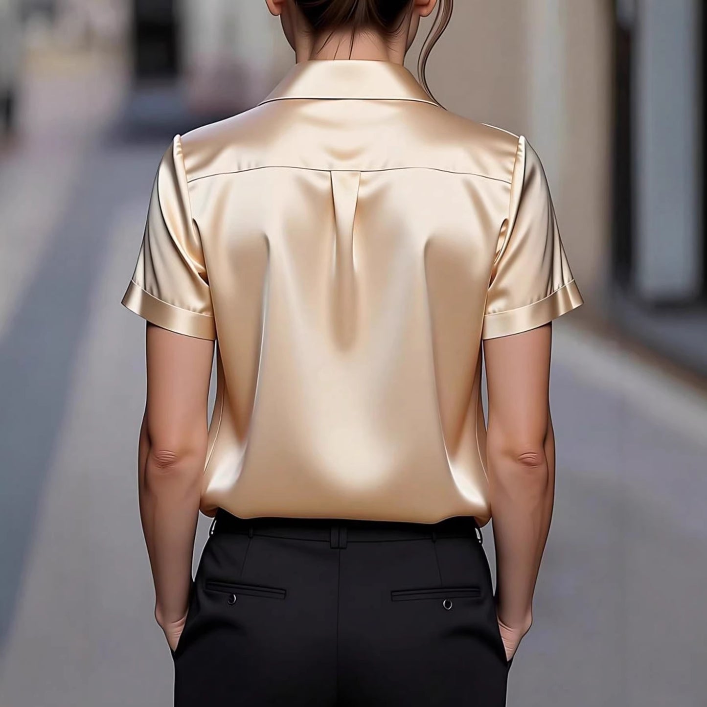 Women's Satin Shirt Artificial Silk Short-sleeved Solid Color Blouse