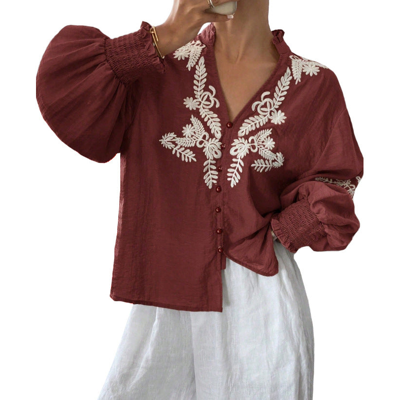 Women's Autumn Embroidered Floral Button Long Sleeve Blouse