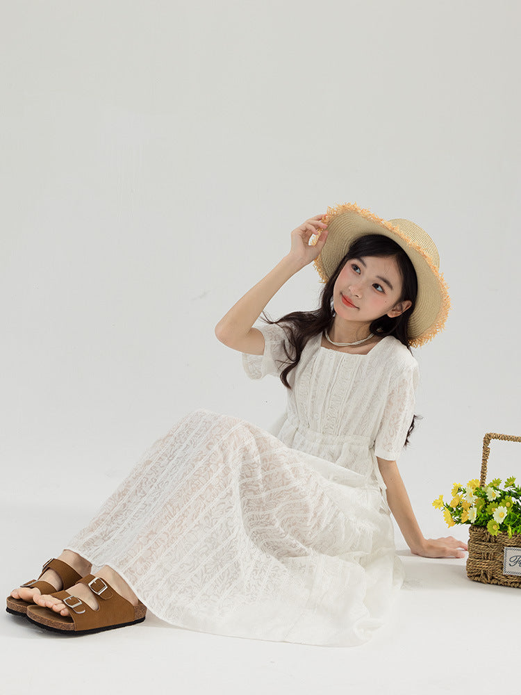 Large Summer French Square Collar Loose Artistic Mori Style Mid-length Children's Dress