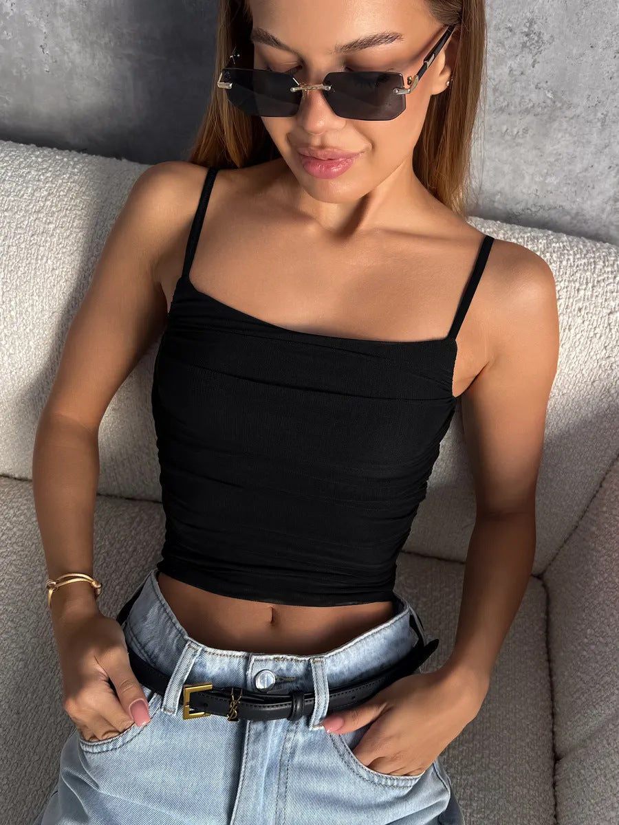 Women's Hot Pleated Sexy Camisole Slim Fit Slimming Mesh Small Vest/suspenders/tube Top