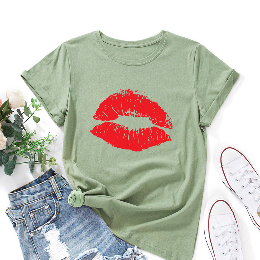 Women's Lip Printings Loose Round Neck Sleeve Women's T-shirt