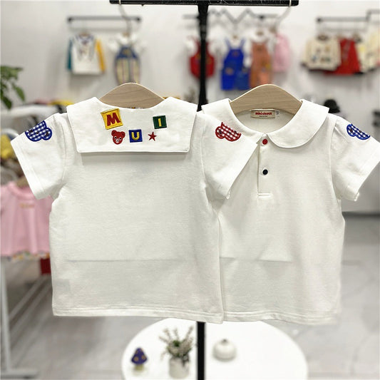 Children's Color Embroidery Peter Pan Collar College Style Children's T-shirt