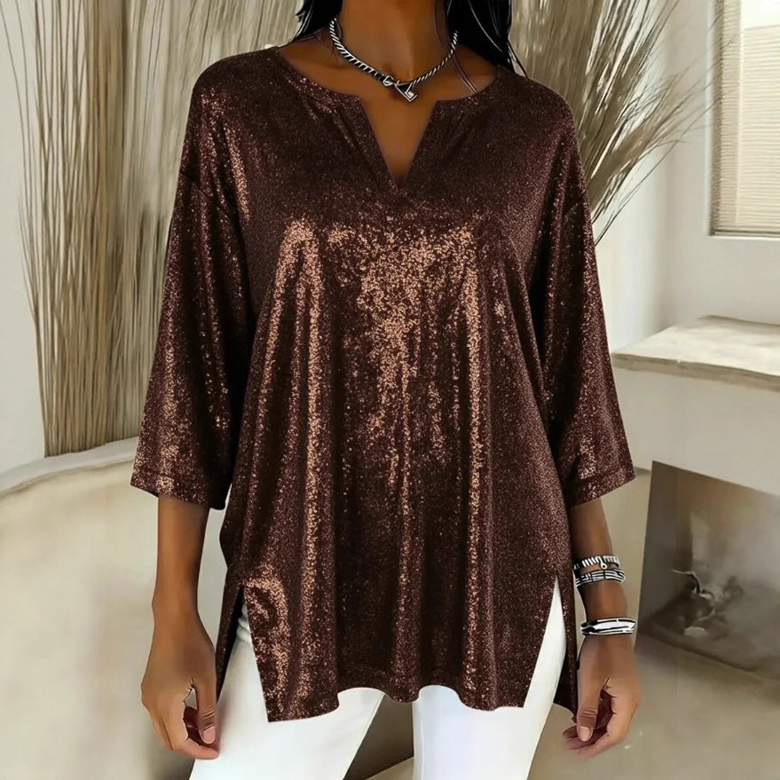 Women's Shiny Loose Long Sleeve Split Cropped Tops