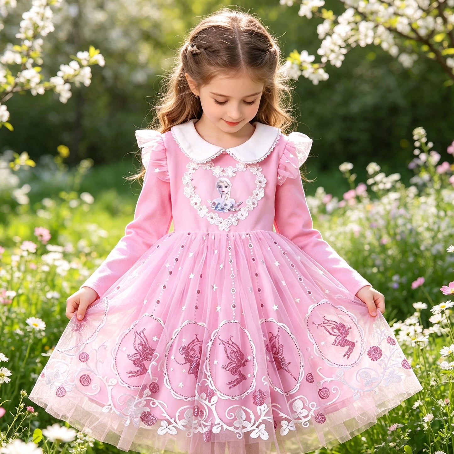 Princess Frozen Lace Collar Skirts Swing Sequined Children's Dress