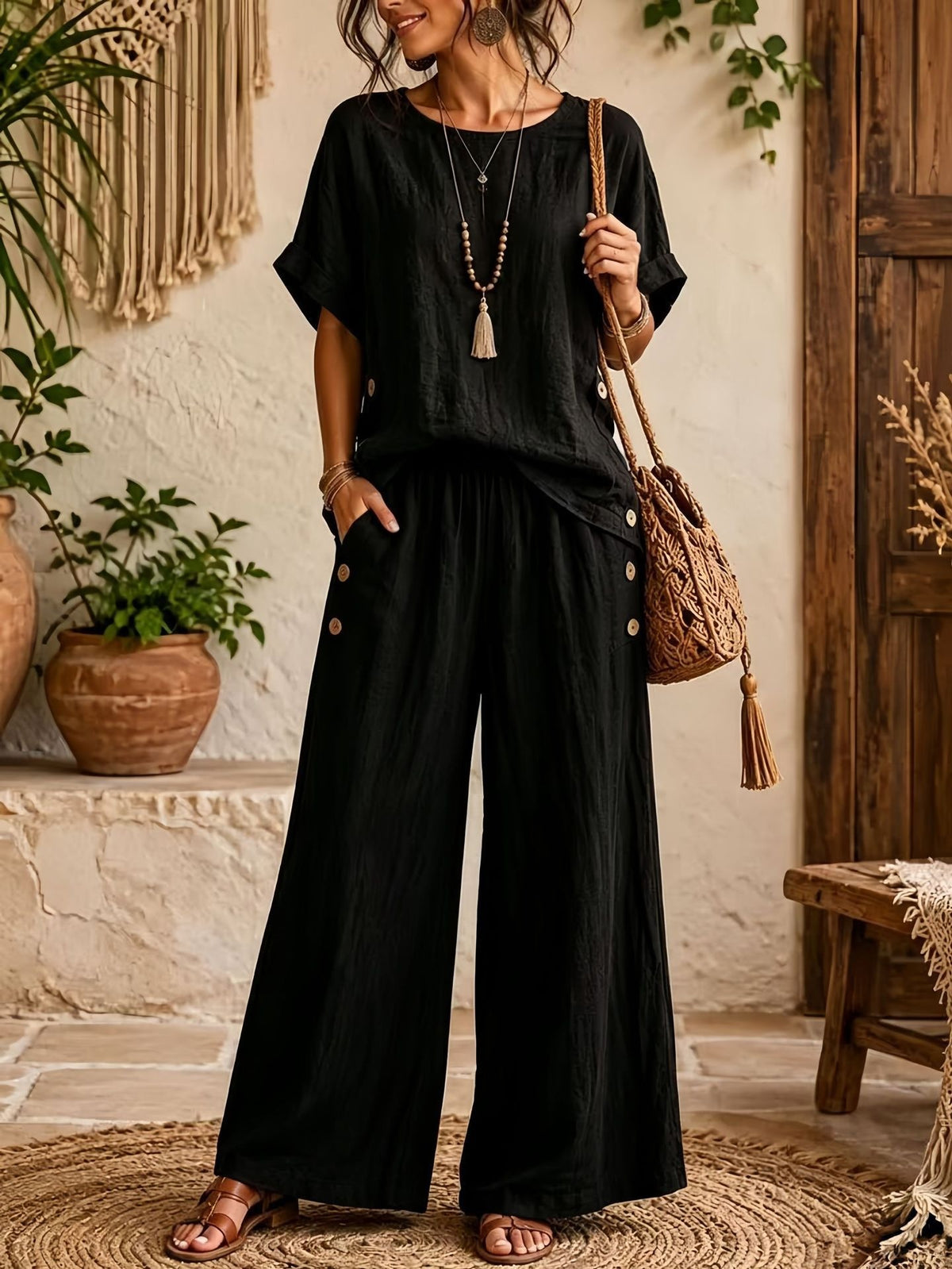 Women's Linen Round Neck Sleeve High Waist Loose Wide Leg Fashion Casual Suit