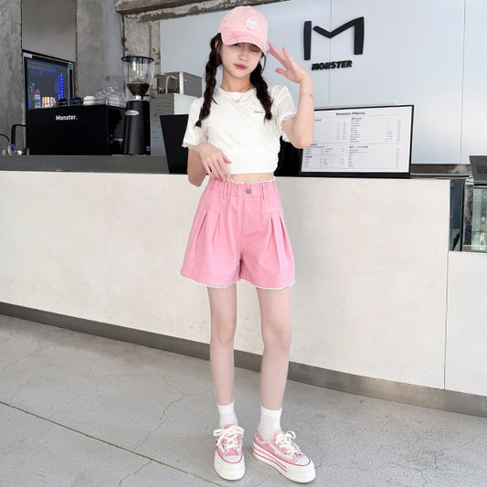 Summer Middle Big Mushroom Embroidery Lace Pleated Wide Children's Pants