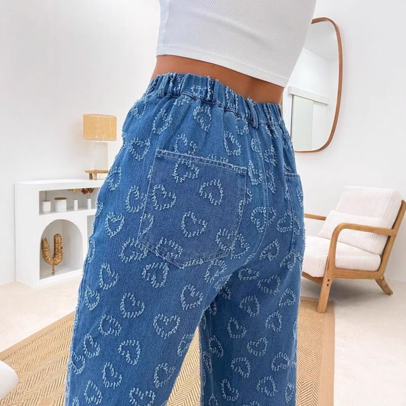 Spring Love Crocheted Washed Trousers High Waist Leisure Women's Jeans