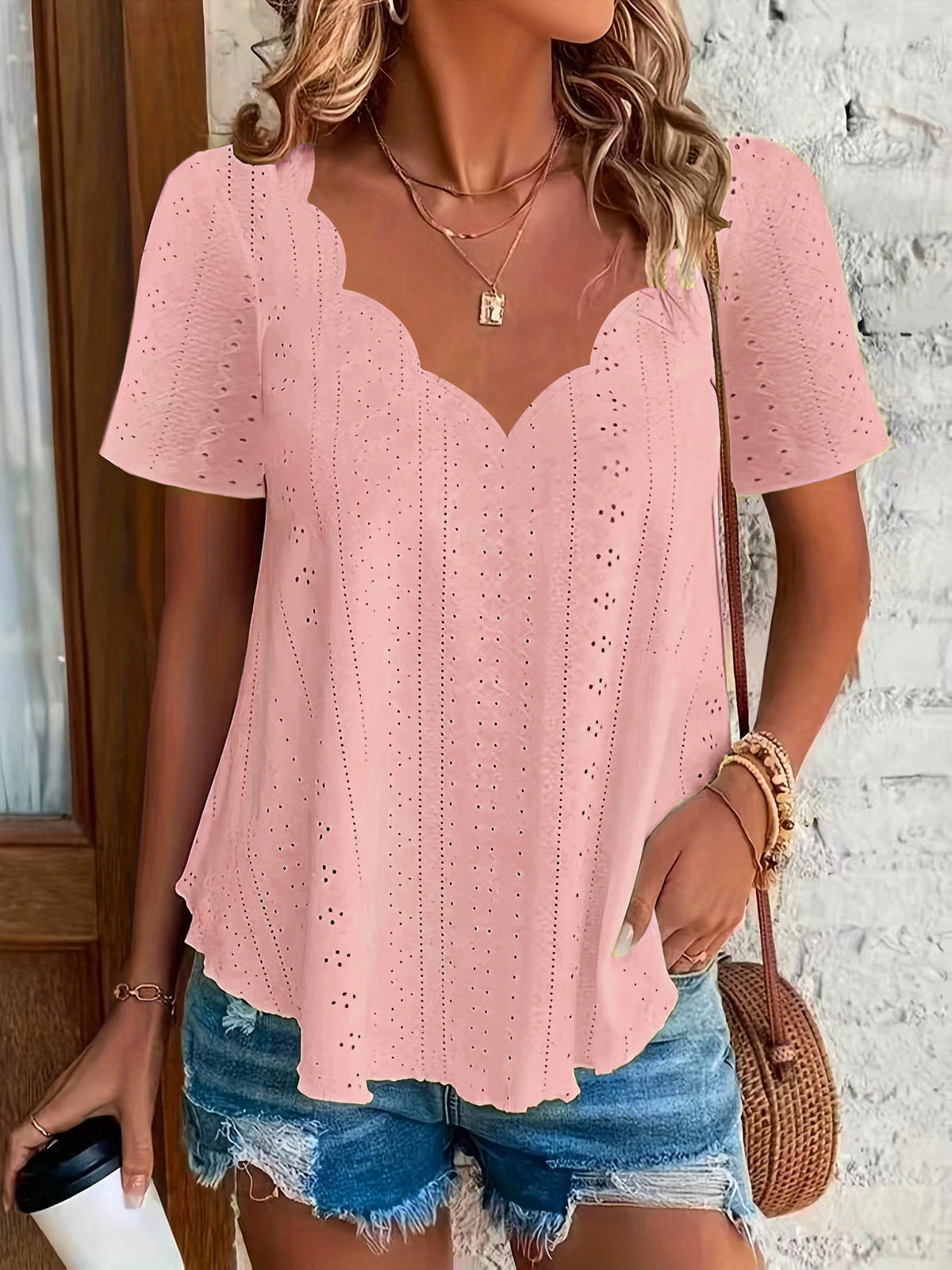 Women's Fashion Summer Casual Solid Color Scallop Women's T-shirt