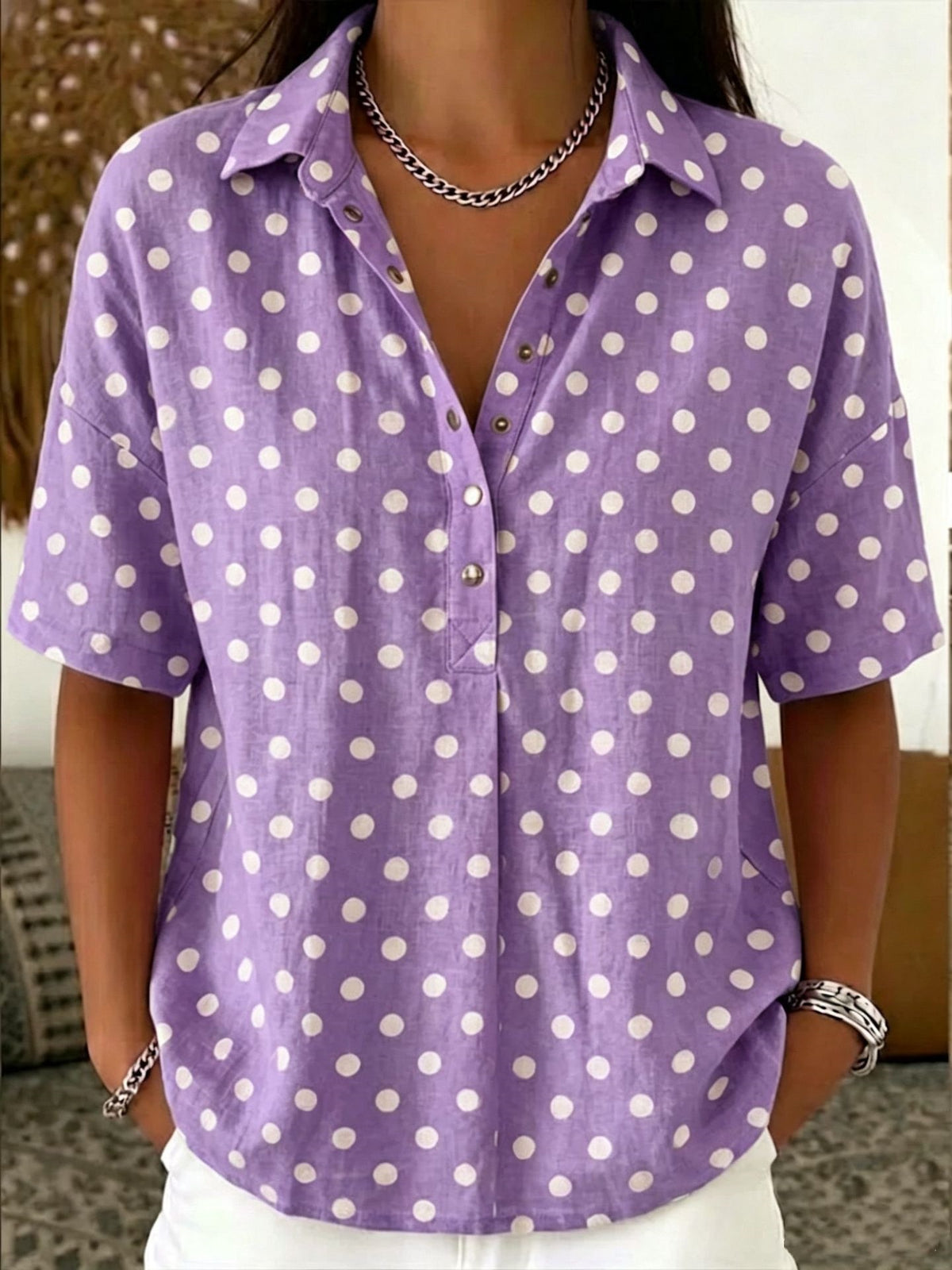 Women's Casual Polka Dot Lapel Shirt Half-open Button Blouse