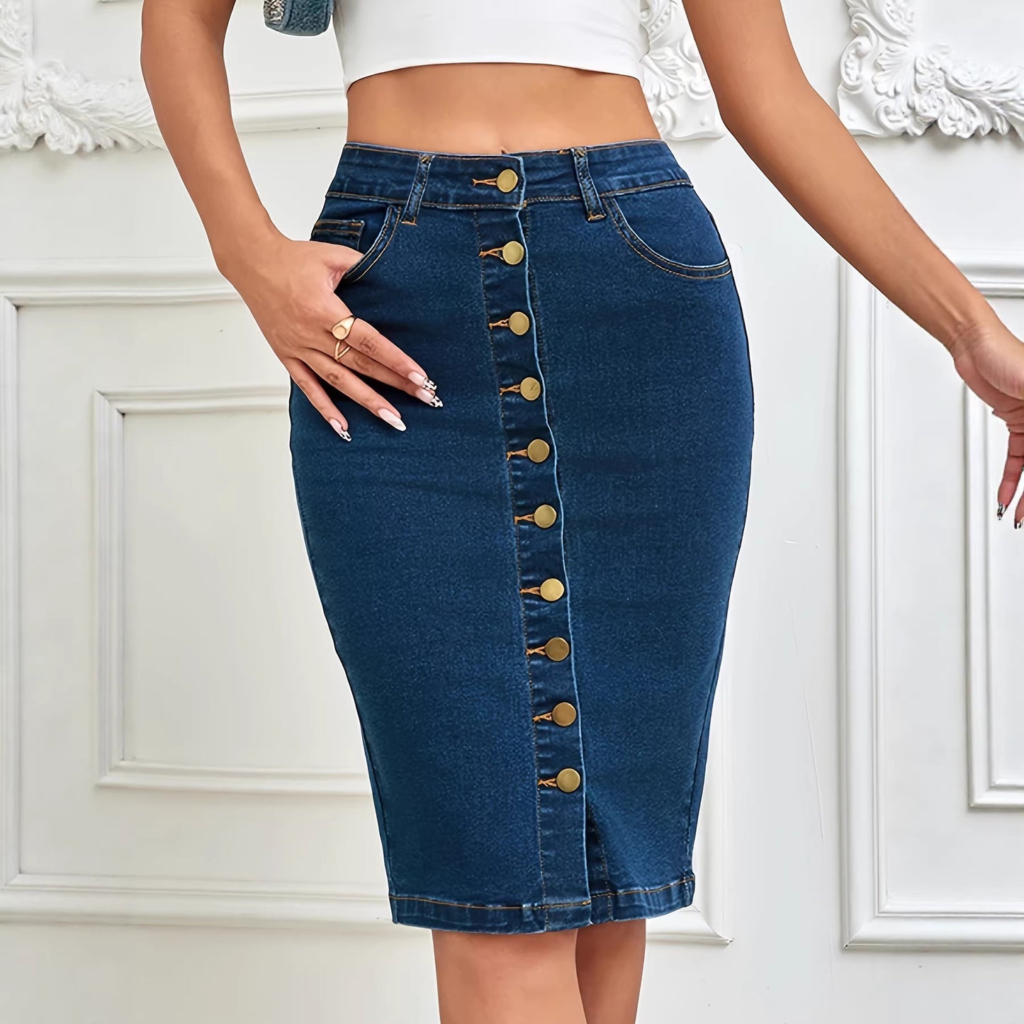 Women's One-piece Front Row Hip Stretch Denim Skirt