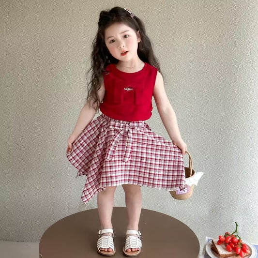 Children's Korean Style Western Skirt Medium Big Summer Short Vest Tartan Children's Suit