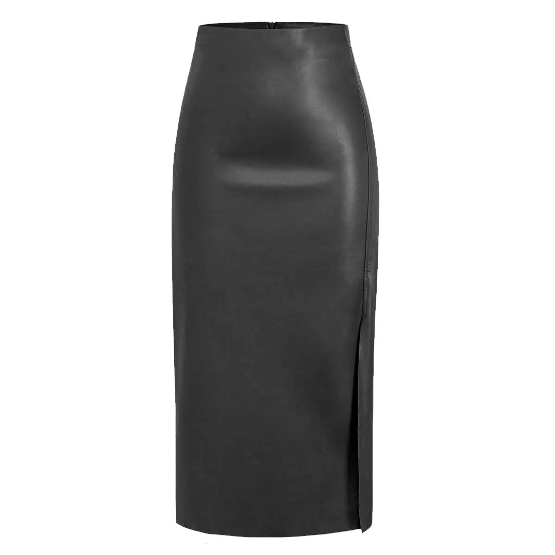 Women's Split Leather High Waist Zipper Sheath Dress Skirts