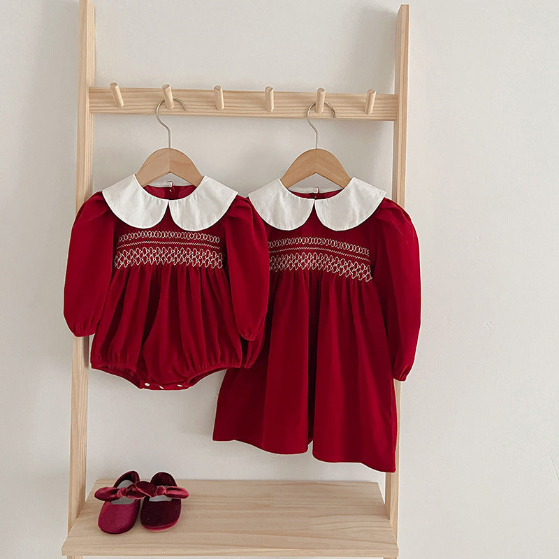 Collar Red Clothes For Babies Triangle Rompers Sisters Children's Dress