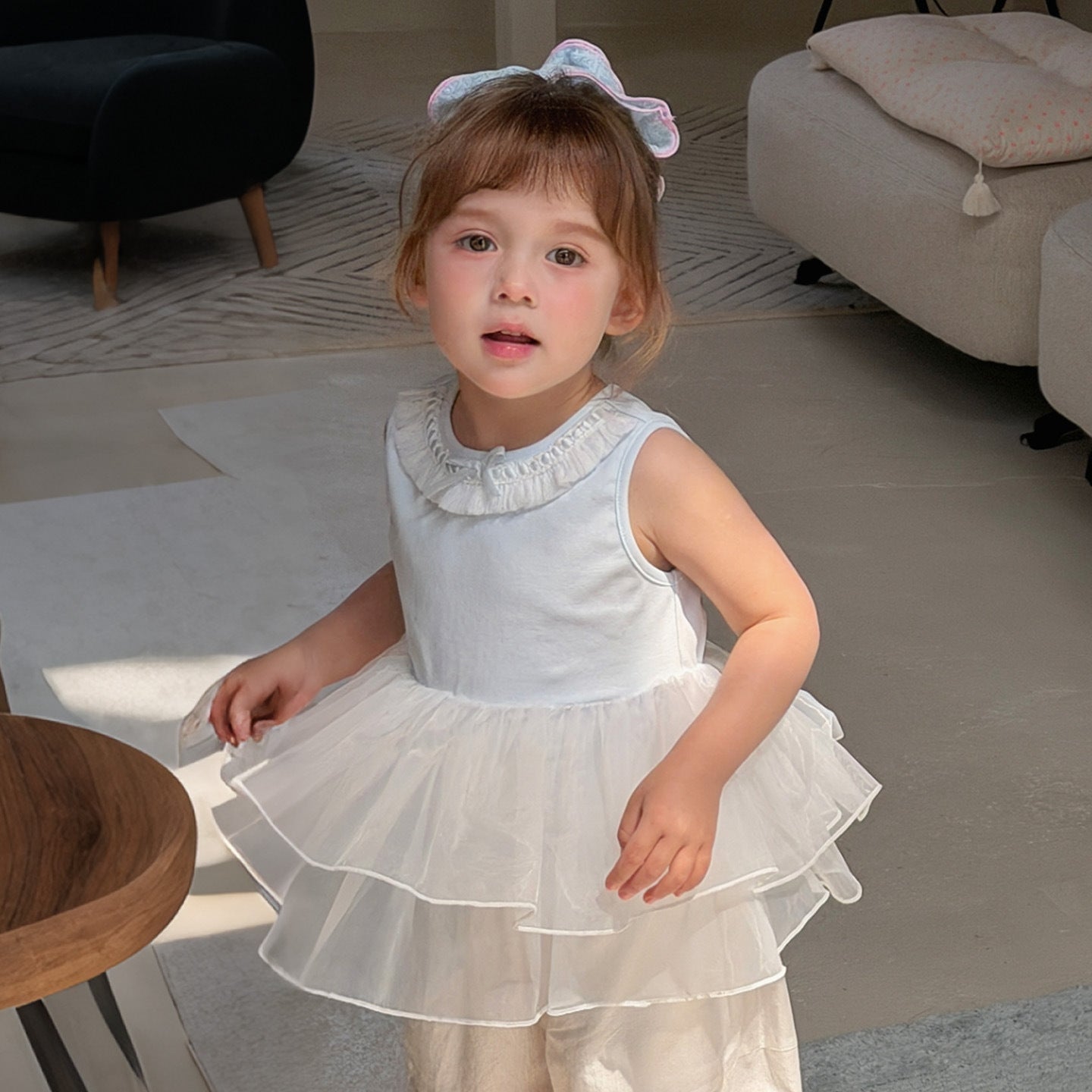 Children's Blue Mermaid Summer Ballet Style Ruffled Puffy Net Skirt Hemline Children's T-shirt