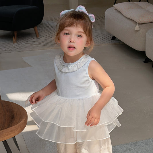 Children's Blue Mermaid Summer Ballet Style Ruffled Puffy Net Skirt Hemline Children's T-shirt