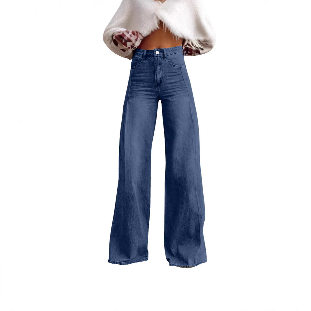 Retro Wide Leg Fashion High Waist Design Mop Denim Trousers Women's Jeans