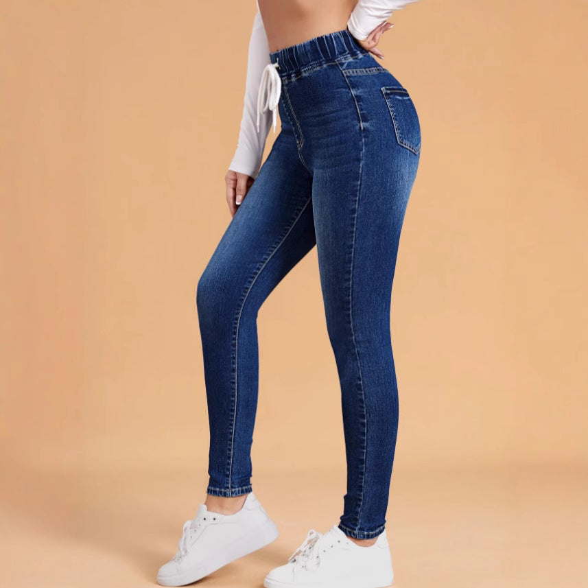 Women's Fashionable Tight Elastic Waist Drawstring Denim Women's Jeans