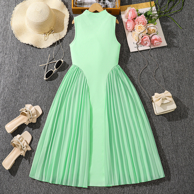 Fashion Stand Collar Elegant Pleated Patchwork Children's Dress