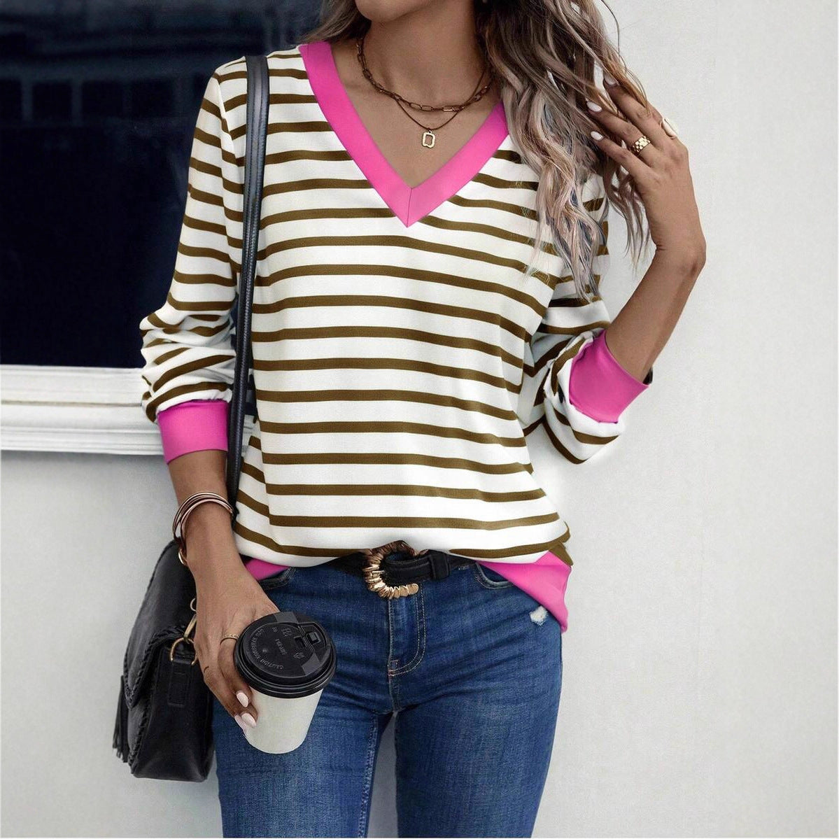 Women's Casual Striped V Neck Pullover Long Women's T-shirt